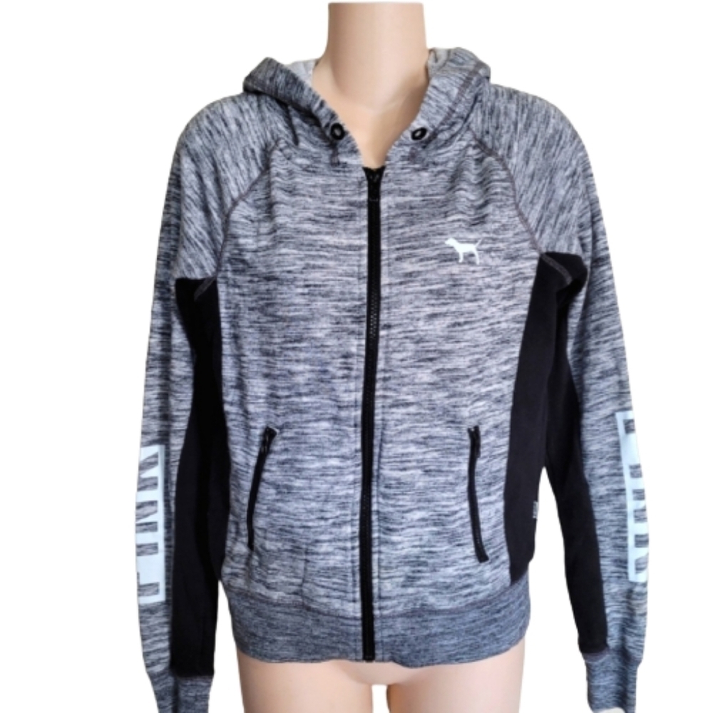 PINK Victoria's Secret Logo Gray Black Full Zip Up Hoodie Size Women's XS